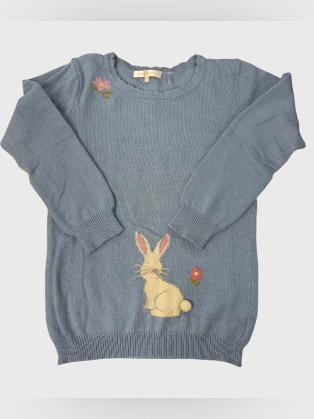 Loveshackfancy Light Blue Long Sleeve Bunny Flower Sweater Girls Size 12